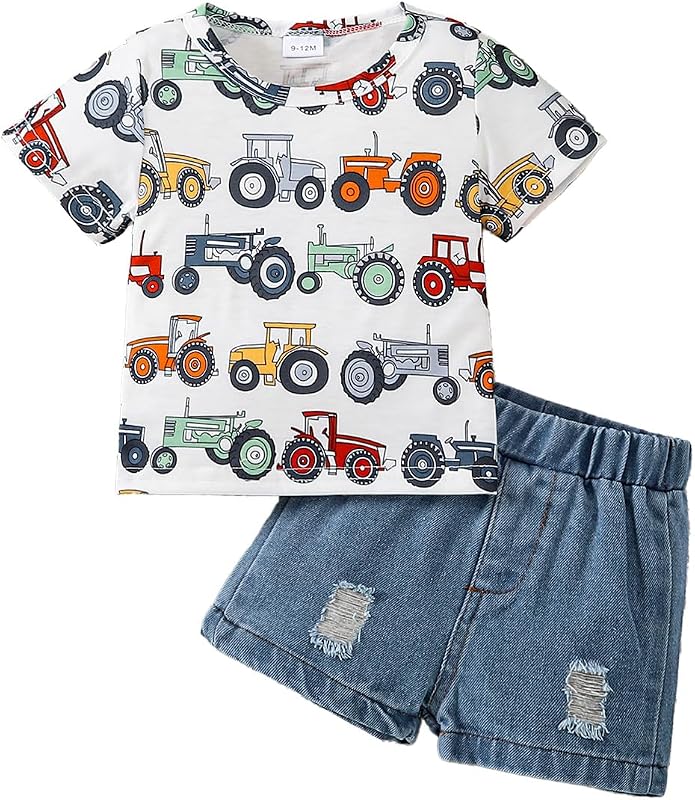 JENJON Kleinkind Baby Jungen Kleidung Outfit Säugling Süßer Gedruckt Kurzarm T-Shirt Denim Zerrissene Jeansshorts Casual Frühling Sommer Outfits Set