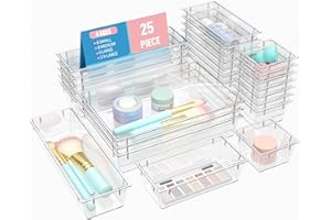 Vizgifin 25 PCS Drawer Organiser Set, 4 Sizes Versatile Drawer Divider Organisers Trays for Cosmetics, Jewelry, Dressers, Bathrooms, Kitchen Utensils and Office Desks