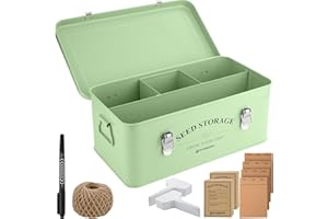 STOWBERRY Seed Storage Box Organiser – Garden Seeds Tin with Lid, Handles, 4 Compartments & Safety Lock – Seed Box for Gardeners with Over 200 Accessories – Perfect Gardening Gifts for Men and Women