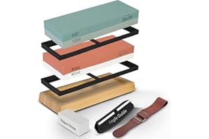 TONI SHARPE Whetstone 400/1000 & 3000/8000 Grit Knife Sharpening Stone - Dual Grit Professional Knife Sharpening Kit with Angle Guide, Bamboo Base, Nagura Stone & Leather Strop