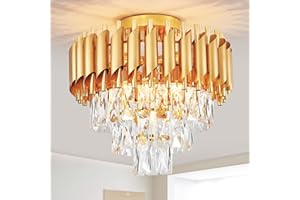 HARPER LIVING Crystal Ceiling Light, Modern Chandelier Lighting with 3 Tiers Crystals, Polished Gold Finish, 5xE14 Semi Flush Ceiling Lamp for Living Room Bedroom Dining Room