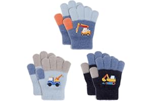QKURT Kids Magic Gloves, 3 Pairs Children's Stretch Full Fingers Gloves Warm Knit Glove Winter Thermal Mittens Unisex Elastic Mitten Cold Weather Glove Excavator Pattern for Boys Girls 1-5 Years