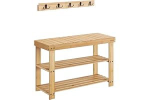 SONGMICS Coat Rack Shoe Bench Set, 3-Tier Bamboo Shoe Rack Bench, Multifunctional, 5 Double Metal Hooks, for Entryway, Hallway, Bedroom, Light Bamboo ULCR004N01