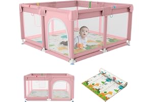 JUPPLIES Parque Infantil Bebe 120x120cm + Alfombra Bebe – Corralito Bebe con Malla Transpirable – Parque de Juegos Bebe Plegable con Puerta Lateral – Playpen Bebe - Rosa