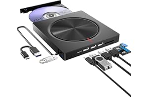 BHHB Lecteur CD DVD Externe pour PC, USB 3.0 et Type-C Graveur D VD Externe avec 3*USB-A 1*USB 3.0, DV 5V et Fente SD/TF, Optique Portable CD DVD -/+RW Drive pour Windows/MacOS/Laptop/Desktop