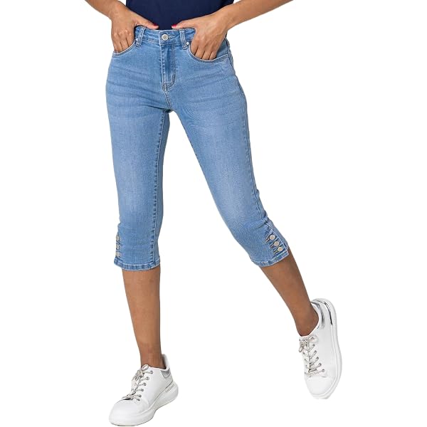 Nina Carter P513 - Pantacourt En Jean Femme Taille Haute Coupe Ajustée - Jean D'Été Avec Ornements Floraux Élégants