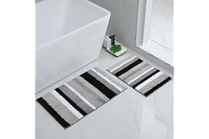 Homaxy Lot de 2 Tapis de Bain Antidérapant, Tapis Salle de Bain Rayé en Microfibre Douce, Absorbant à Poils Longs, Lavable en Machine - 40 x 60 cm + 50 x 80 cm, Gris/Noir
