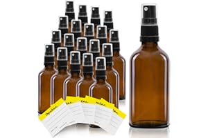 Oputec 20 Flaconi da 50 ml in Vetro Marrone Con Nebulizzatore Spray Fine + 20 Etichette - Bottiglie Spray