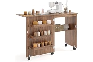 ‎GIANTEX GIANTEX Folding Sewing Table, Sewing Machine Table on Wheels, Sewing Table for Sewing Machine, Wooden Sewing Cabinet, Multi-Purpose Table for Living Room, Study, Bedroom (Brown)