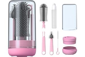 YOTIME Baby Bottle Brush, Travel Bottle Cleaner Kit with Extendable Silicone Bottle Brush, Nipple Cleaner Brush, Straw Brush, Soap Dispenser, Dust Cap and Stand, Pink
