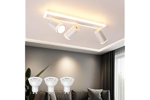 URing Ceiling Spotlight LED White Ceiling Spotlight 3 Bulbs Swivelling 350° Ceiling Light with Lower Glow 10 W + 3 x 5 W GU10 Spots, Kitchen Lamp GU10 Ceiling Lamp Spotlights Ceiling Light for Bedroom