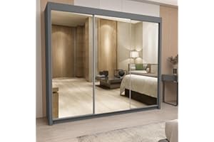 IE INTERIOR EMPORIUM Milan Full Mirror Double Sliding Door Wardrobe (or three in the 250cm size) With Shelves, Hanging Rails and LED Light in 6 Sizes & 4 Colors (250cm, Gray)