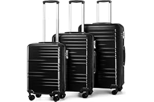 British Traveller 3Pcs Suitcase Set Carry On Hand Cabin Luggage Lightweight Hard Shell Checked in Suitcase with 4 Spinner Wheels TSA Lock 20" 24" 28" Travel Trolley Case(3 Pcs Set, Black)