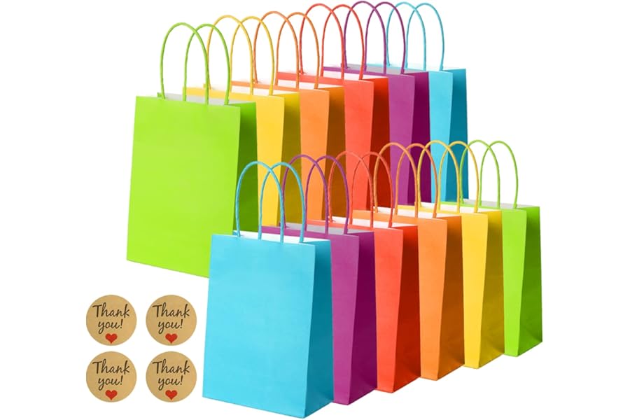 NADSSJL 30 Pcs Paper Party Bags, Gift and Sweet Bags with Handles, Kraft Bags with Stickers, Paper Party Bags for Kids Party, Celebrations, Baby Shower, Birthday, Halloween, Christmas -15 x 8 x 21 cm