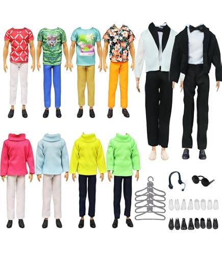 Carreuty 12 accessoires vestimentaires, compatibles avec Ken, 1 combinaison en jean bleu, 1 sweat-shirt jaune à motifs, 2 manches courtes à carreaux, 2 pantalons, 2 manches courtes, 2 shorts, 6