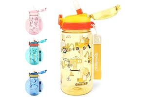 wooshwa Gourde Enfant avec Paille, Pour Garçons, Anti-Fuite, Étanche, 600 ml Bouteille Enfant sans BPA, Verrouillage Sécurisé, Bouteilles d'eau pour Maternelle l'école Sport, Excavatrice