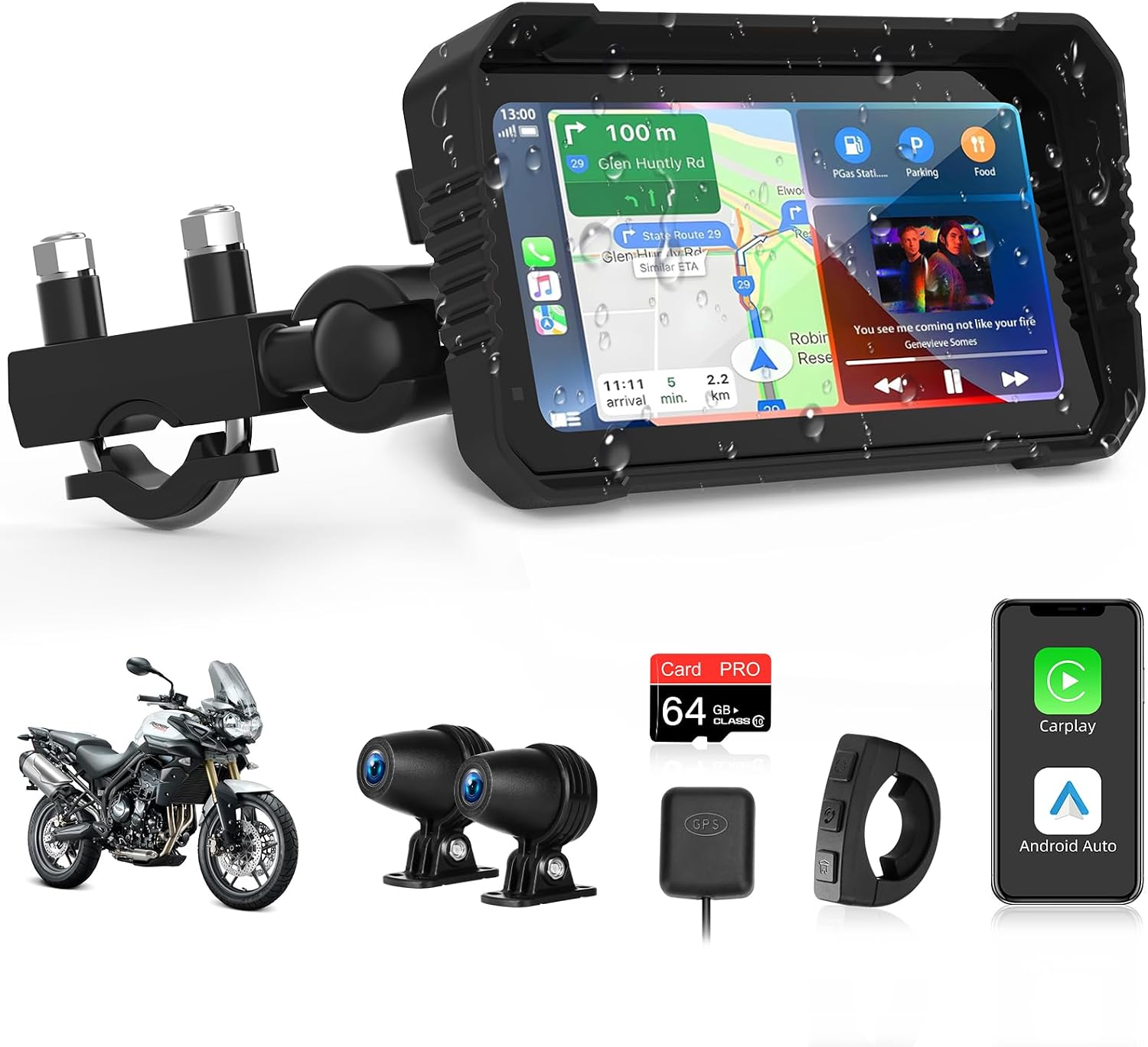 4K Carplay Moto Android Auto 6.25 Pulgadas Pantalla TáCtil con Dashcam Delantera Trasera, Navegador GPS Moto Conectar y Usar IP67 Impermeable Doble Bluetooth Siri/Goo.gle Assistant