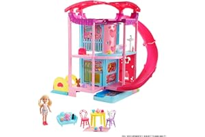 Barbie Chelsea Maison Meublée, 3 Niveaux De Jeu, 2 Animaux De Compagnie Et Plus De 20 Accessoires Inclus, Piscine Et Toboggan, Jouet pour Enfant de 3 Ans et Plus, HHX44