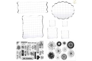 Ruicaifu 7 PCS Clear Stamping Blocks with Grid Lines, Acrylic Decorative Stamp Blocks with 2 PCS Silicone Stamp Cards for Scrapbooking Craft Making DIY Crafts Ornament (7 Sizes)