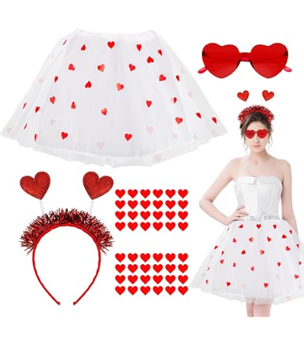 Costume Cupido Donna - Gonna Tutu Bianco, Cerchietto E Occhiali A Cuore, Con Adesivi, Per San Valentino E Feste