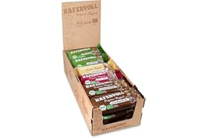 ‎HAFERVOLL HAFERVOLL Organic Mixbox, 4 Flapjack-Sorten, 18 x 60g Bio-Müsliriegel, Bio-zertifiziert, Cacoa Nib & Hazelnut, Berry & Cashew, Chia & Pistachio, Banana & Brazil Nut