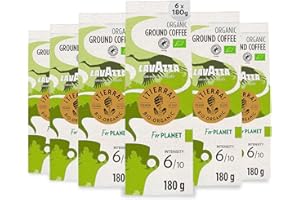 Lavazza, Tierra For Planet, Ground Coffee, 6 Packs of 180g, Ideal for Moka Pot or Filtered Coffee, with Fruity and Flowery Notes, for a Mild Taste, 100% Organic Arabica, Intensity 6/10, Light Roast