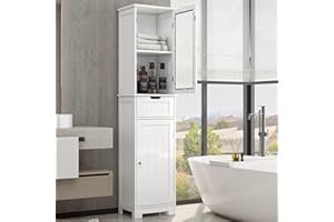 HOCSOK Mueble Columna Baño Armario Alto, Mueble Auxiliar de Almacenaje con 2 Puertas y 1 Cajón, Armario de Madera de Suelo para Baño, Salón y Dormitorio, Blanco, 40 x 30 x 170 cm