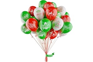 OWill 50PCS Christmas Balloons Decorations - 10 Inch White, Red and Green Latex Balloons for Merry Christmas Party Supplies - 6 Merry Xmas Styles for Kids