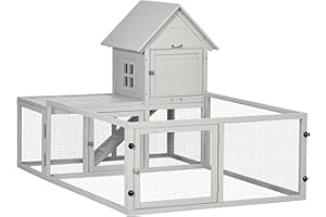 PawHut Rabbit Hutch Outdoor, Rabbit Hutch with Run, Wooden Rabbit Cage for Rabbit, Guinea Pig and Small Animals with Tray, 151.5 x 106 x 97cm, Light Grey