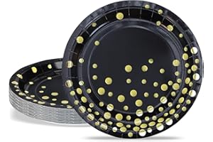 ZVK Platos de Papel, 24 piezas Platos de postre de fiesta Negro con Puntos de lámina dorada 18cm Platos desechables para Cumpleaños, boda, Aniversario, Fiesta