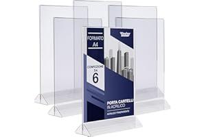 Dasher Products Porta targa in acrilico A4, 6 Pezzi, A forma di T con design a caricamento inferiore facile, cornice per menu, in plastica, per volantini, menu, display, foto e altro