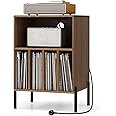 CASART Record Player Stand, Turntable Stand with Charging Station, Metal Legs & Cable Hole, Vinyl Record Storage Cabinet Holds up to 150 Albums End Table for Living Room Bedroom (Walnut)