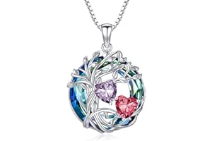 TOUPOP s925 Sterling Silber Familie Baum des Lebens Anhänger Halsketten mit 2 Herz Geburtsstein mit Kristall Kette Schmuck Geburtstag Weihnachten Geschenke für Frauen Sie