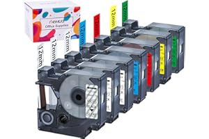 Hehua 7PK Remplacement pour Dymo D1 12mm Ruban 45013(2 Unité) 45010 45016 45017 45018 45019, Compatible avec Dymo LabelManager 160 210D 260P 280 Labelwriter 450 Duo Labelpoint 150 (D1 12mm x 7m)