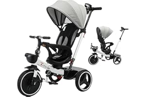 UBRAVOO Baby Dreirad, 6-in-1-Baby-Push-Bike-Lenk-Kinderwagen, lernendes Kleinkind-Fahrrad/abnehmbare Leitplanke, verstellbares Verdeck, Sicherheitsgurt, Stoßdämpfungsdesign
