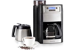 KLARSTEIN Machine a Cafe Automatiques, Cafetiere a Grain Expresso avec Broyeur 1000W, Minuterie et Filtre à charbon actif, 5 Niveaux de Mouture, 10 Tasses