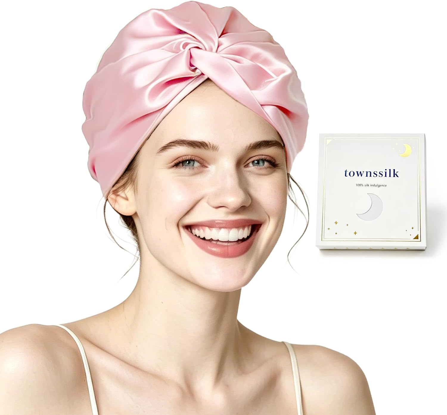 Townssilk Gorro de Noche para Mujer, 100% Seda de Morera, 16 Mommes, Bueno para el Cabello, Protector, Doble Capa, Rosa