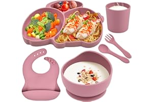 Hoseay Baby Teller Kindergeschirr Set Silikon Kinderteller mit Saugnapf Schüssel Löffel Gabel Lätzchen Becher BPA Frei 6 Stücke Geschirrset Rutschfester Babyteller für Kleinkinder Mädchen, Rosa