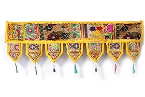 INDIAN CRAFT CASTLE Indian Handmade Traditional Embroidered Toran Cotton Thoranam Door Living Room Decor Bandanwar Home Valance Decorations Window Hanging Bohemian Wall Ethnic Decorative Vintage (Yellow 1 Meter)