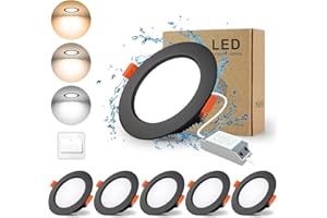 Downlight Led Negro Techo Empotrable,BAGZY 5x 5W Foco Redondo=50W(500 LM) Iluminación de 3 colores 3000K/4000K/6000K,IP44,Recorte 70-80mm,AC 220-240V,Foco de Techo Ultraplano para Dormitorio,Baño