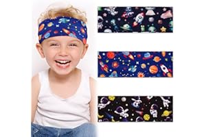 BETESSIN 3pcs Cinta Elástica Pelo de Planeta/Astronauta/Universo, Banda Pelo Niños, Cinta Algodón, Diadema Elástica Deporte Colores, Regalo Cumpleaños, 5 a 15 Años