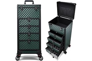 KZRUEB Kosmetik Trolley mit 4 Schubladen Friseurkoffer Groß Kosmetikkoffer Ngaelkoffer Make up Koffer mit 360° drehbare Rollen Schminkkoffer Abschließbarer Nageldesign Koffer Werkzugkoffer,Dunkelgrün