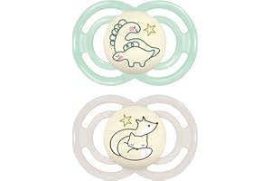 MAM Perfect Night Schnuller im 2er-Set, leuchtend im Dunkeln, zahnfreundlicher Baby Schnuller aus nachhaltigen & bio-erneuerbaren Materialien, mit Schnullerbox, 6-16 Monate, Dino/Fuchs