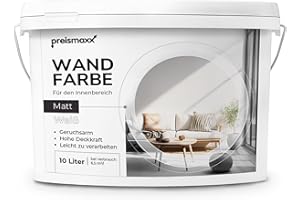 ‎PREISMAXX Preismaxx Profiweiß Wandfarbe weiß 10L, hohe Deckkraft, Dispersionsfarbe innen, Innenwandfarbe Raumfarbe deckend, Deckkraftklasse 2, matt Innenfarbe Profi Qualität