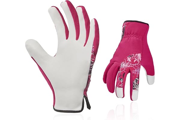 Vgo... Gants de jardinage cuir pour femmes, contre les épines, gants de travail jardinage de sécurité, protection anti-rayures,anti-abrasion(GA7444,Rouge,7/S,1Paire)