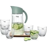 Treo By Milton Borosilicate Aura Lemon Glass Set with Jug, (6 Glasses - 290 ml Each, Jug - 1300 ml), Set of 7, Transparent | Microwave Safe | Odour Free | Scratch Resistance