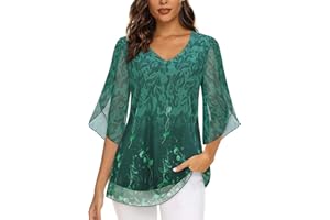 Syphiby Womens Overlap Ruffle Sleeve V Neck Elastic Mesh Blouse Loose Flowy Tunic Tops