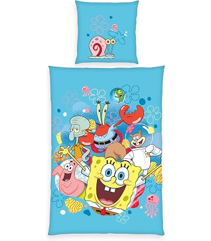 Set Biancheria Letto Spugna Bob Per Bambini, 100% Cotone, Motivo SpongeBob Reversibile, 100x135 Cm + Federa 40x60 Cm - BrandMac