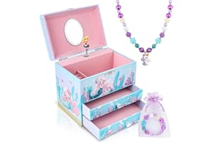 Homtibrm Musical Jewellery Box For Girls - Large Kids Jewellery Music Box with 2 Pullout Drawers & Unicorn Jewellery Set, Great Birthday Gifts for Girls Christmas Gifts, Blue Mermaid Design