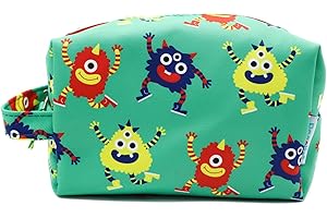 PONETTE - Neceser Infantil en Tejido Azul Verde con Divertidos Dibujos de Monstruos Multicolor Divirtiéndose, Niño, Niña, Viaje, Estuche, Bolsa, Piscina, Colegio, Marca Española